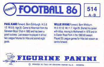 1985-86 Panini Football 86 (UK) #514 Willie Irvine / Paul Kane Back