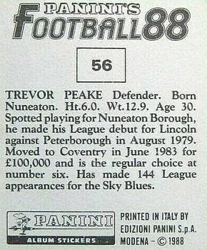 1987-88 Panini Football 88 (UK) #56 Trevor Peake Back