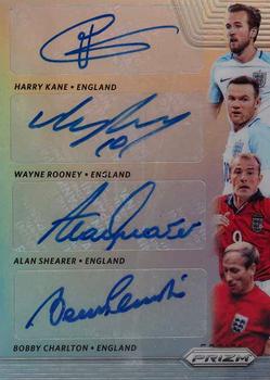 2018 Panini Prizm FIFA World Cup - Quad Signatures Prizms Silver #QS-ENG Bobby Charlton / Wayne Rooney / Alan Shearer / Harry Kane Front