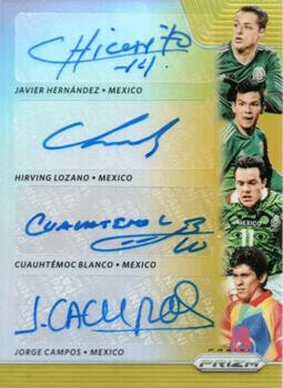 2018 Panini Prizm FIFA World Cup - Quad Signatures Prizms Gold #QS-MEX Hirving Lozano / Javier Hernandez / Jorge Campos / Cuauhtemoc Blanco Front