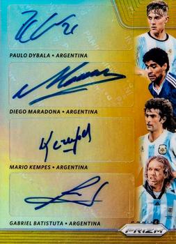 2018 Panini Prizm FIFA World Cup - Quad Signatures Prizms Gold #QS-ARG Diego Maradona / Gabriel Batistuta / Mario Kempes / Paulo Dybala Front