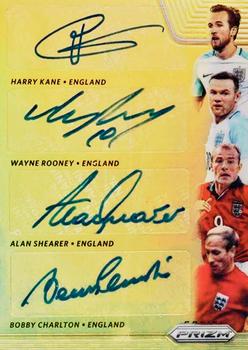 2018 Panini Prizm FIFA World Cup - Quad Signatures Prizms Gold #QS-ENG Bobby Charlton / Wayne Rooney / Alan Shearer / Harry Kane Front