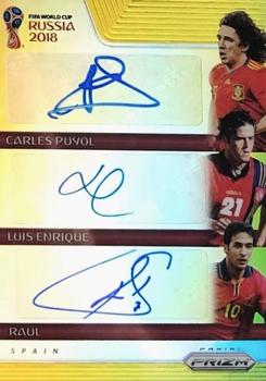 2018 Panini Prizm FIFA World Cup - Trio Signatures Prizms Gold #TS-PER Carles Puyol / Luis Enrique / Raul Front