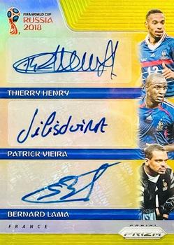 2018 Panini Prizm FIFA World Cup - Trio Signatures Prizms Gold #TS-HVL Thierry Henry / Patrick Vieira / Bernard Lama Front