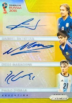 2018 Panini Prizm FIFA World Cup - Trio Signatures Prizms Gold #TS-BMD Gabriel Batistuta / Diego Maradona / Paulo Dybala Front