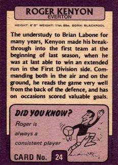 1971-72 A&BC Gum English Footballers (Purple Backs) #24 Roger Kenyon Back
