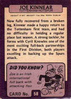 1971-72 A&BC Gum English Footballers (Purple Backs) #58 Joe Kinnear Back