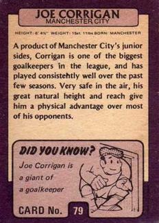 1971-72 A&BC Gum English Footballers (Purple Backs) #79 Joe Corrigan Back