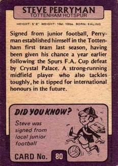 1971-72 A&BC Gum English Footballers (Purple Backs) #80 Steve Perryman Back