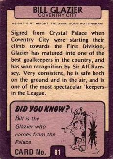 1971-72 A&BC Gum English Footballers (Purple Backs) #81 Bill Glazier Back