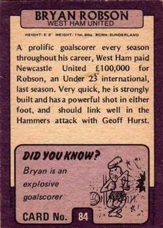 1971-72 A&BC Gum English Footballers (Purple Backs) #84 Bryan Robson Back