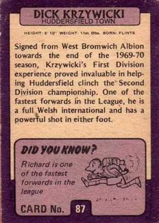 1971-72 A&BC Gum English Footballers (Purple Backs) #87 Dick Krzywicki Back
