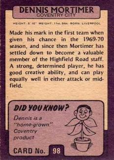 1971-72 A&BC Gum English Footballers (Purple Backs) #98 Dennis Mortimer Back