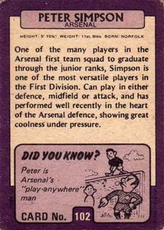 1971-72 A&BC Gum English Footballers (Purple Backs) #102 Peter Simpson Back