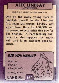 1971-72 A&BC Gum English Footballers (Purple Backs) #160 Alec Lindsay Back