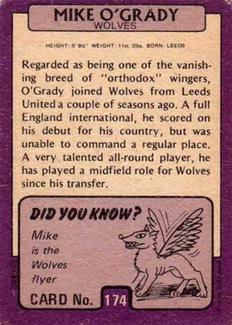 1971-72 A&BC Gum English Footballers (Purple Backs) #174 Mike O'Grady Back
