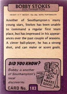 1971-72 A&BC Gum English Footballers (Purple Backs) #183 Bobby Stokes Back