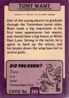 1971-72 A&BC Gum English Footballers (Purple Backs) #205 Tony Want Back
