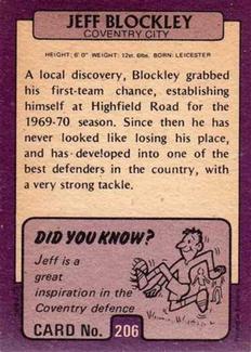 1971-72 A&BC Gum English Footballers (Purple Backs) #206 Jeff Blockley Back