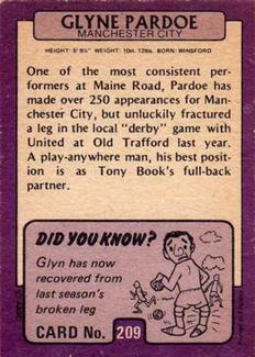 1971-72 A&BC Gum English Footballers (Purple Backs) #209 Glyn Pardoe Back