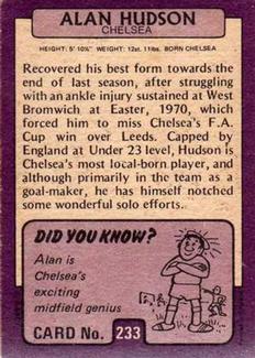 1971-72 A&BC Gum English Footballers (Purple Backs) #233 Alan Hudson Back