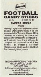 1992-93 Barratt Football Candy Sticks #5 Anders Limpar Back