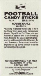 1992-93 Barratt Football Candy Sticks #9 Robbie Earle Back