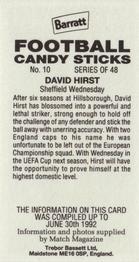 1992-93 Barratt Football Candy Sticks #10 David Hirst Back