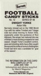 1992-93 Barratt Football Candy Sticks #12 Dwight Yorke Back