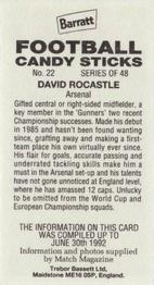 1992-93 Barratt Football Candy Sticks #22 David Rocastle Back