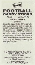 1992-93 Barratt Football Candy Sticks #30 David James Back