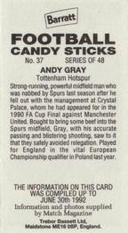 1992-93 Barratt Football Candy Sticks #37 Andy Gray Back