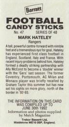 1992-93 Barratt Football Candy Sticks #47 Mark Hateley Back