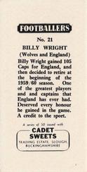 1959 Cadet Sweets Footballers #21 Billy Wright Back