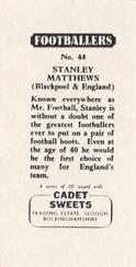 1959 Cadet Sweets Footballers #44 Stanley Matthews Back
