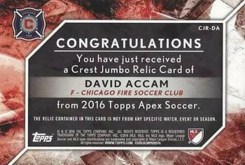 2016 Topps Apex MLS - Crest Jumbo Relics Green #CJR-DA David Accam Back