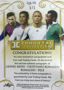 2018 Leaf Soccer Immortal Collection - Quad Autographs Gold #QA-01 Lionel Messi / Cristiano Ronaldo / Ronaldo / Pele Back