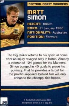 2013-14 SE Products A-League & Socceroos #25 Matt Simon Back