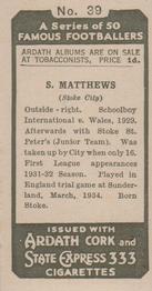 1934 Ardath Famous Footballers #39 Stanley Matthews Back