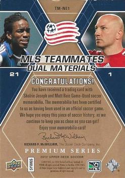 2012 Upper Deck MLS - MLS Teammates Dual Materials Premium Series #TM-NE1 Matt Reis / Shalrie Joseph Back