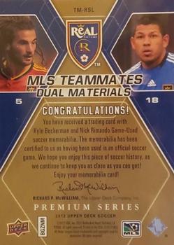 2012 Upper Deck MLS - MLS Teammates Dual Materials Premium Series #TM-RSL Nick Rimando / Kyle Beckerman Back