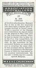 1939 Churchman's Association Footballers 2nd Series #27 Bernard Joy Back