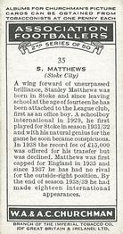 1939 Churchman's Association Footballers 2nd Series #35 Stanley Matthews Back