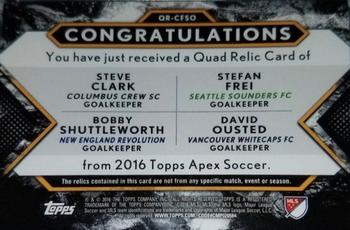 2016 Topps Apex MLS - Quad Relics Purple #QR-CFSO Steve Clark / Stefan Frei / Bobby Shuttleworth / David Ousted Back