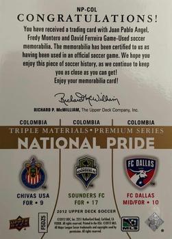 2012 Upper Deck MLS - National Pride Triple Materials Premium Series #NP-COL David Ferreira / Fredy Montero / Juan Pablo Angel Back