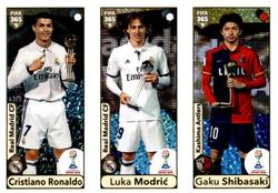 2018 Panini FIFA 365 Stickers #507a/507b/507c Cristiano Ronaldo / Luka Modrić / Gaku Shibasaki Front