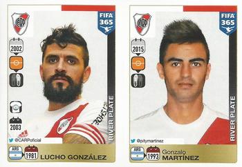 2015-16 Panini FIFA 365 The Golden World of Football Stickers #123 / 124 Lucho González / Gonzalo Martínez Front