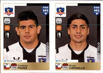 2015-16 Panini FIFA 365 The Golden World of Football Stickers #232 / 236 Esteban Pavez / Bryan Carvallo Front