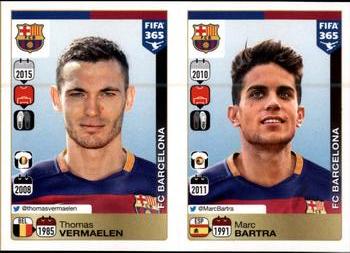 2015-16 Panini FIFA 365 The Golden World of Football Stickers #348 / 349 Thomas Vermaelen / Marc Bartra Front