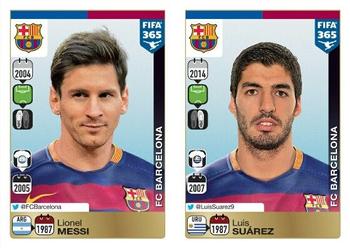 2015-16 Panini FIFA 365 The Golden World of Football Stickers #367 / 368 Lionel Messi / Luis Suárez Front